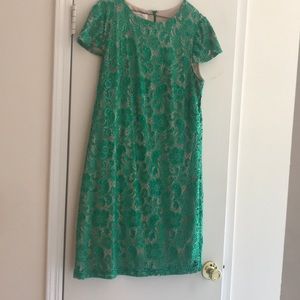 Green lace dress w beige underlay. Cap sleeve